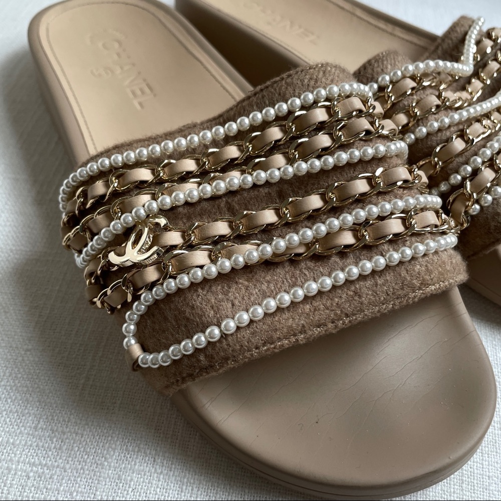 Taupe Chanel Chain Link Tropiconic Sandals